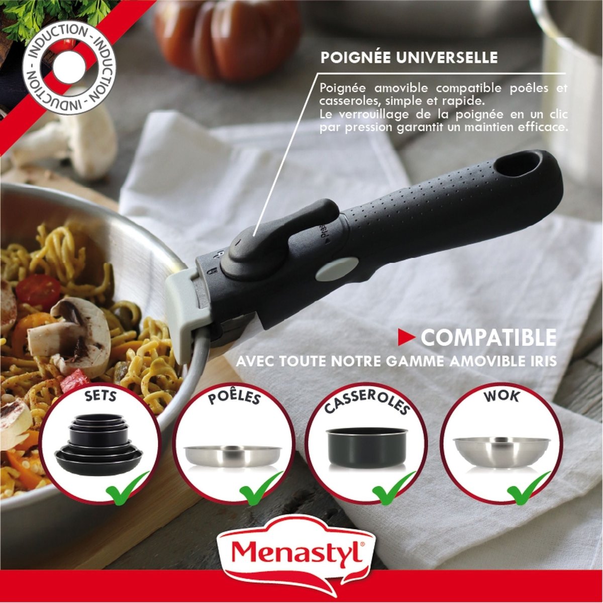 Poignée amovible universelle Iris noire avec système de verrouillage par pression, compatible batterie de cuisine