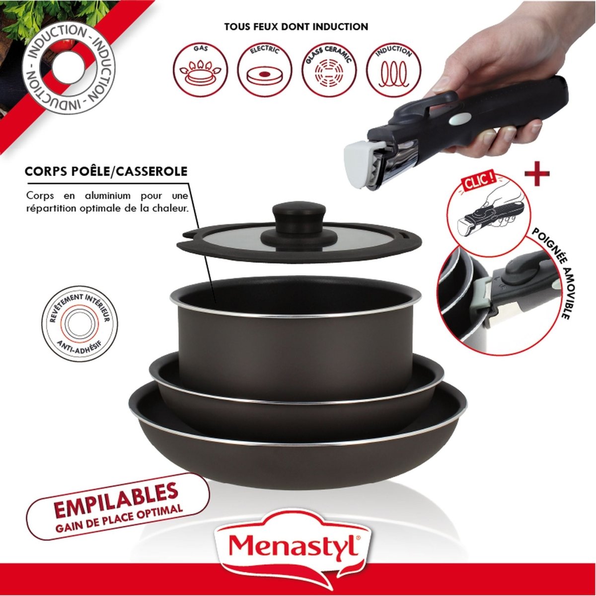 Détail technique batterie de cuisine Iris 8 pièces : poêle, casserole, sauteuse en aluminium empilables avec poignée amovible à clip