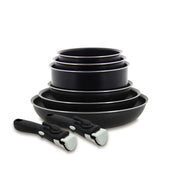Batterie de cuisine Iris 8 pièces Menastyl en aluminium noir, 3 casseroles, 3 poêles et 2 spatules empilées