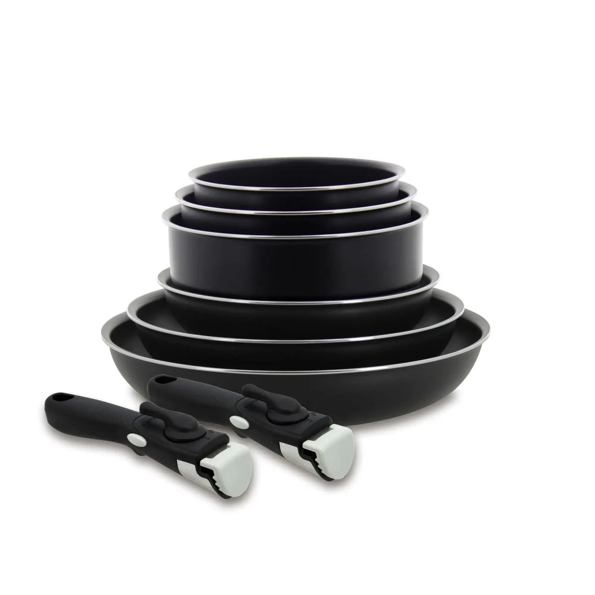 Batterie de cuisine Iris 8 pièces Menastyl en aluminium noir, 3 casseroles, 3 poêles et 2 spatules empilées