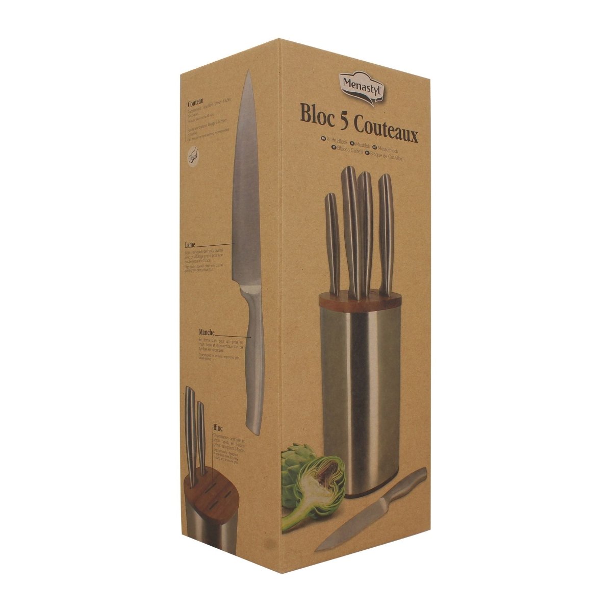 Bloc à couteaux 5 pièces en acier inoxydable et bois d'acacia, emballage carton recyclé