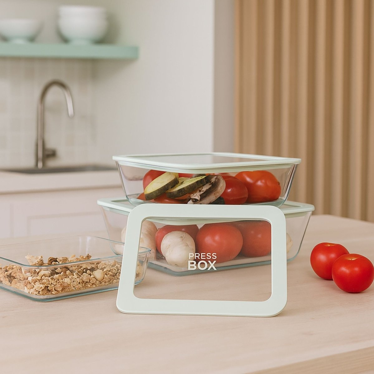 Boîtes hermétiques rectangulaires Pressbox empilées avec légumes frais, verre borosilicate transparent avec couvercles pression