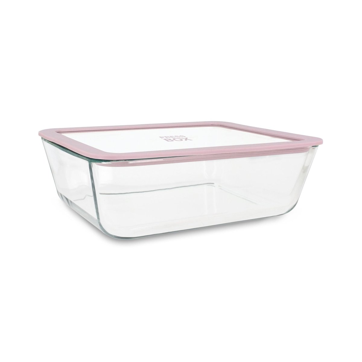 Boîte hermétique rectangulaire Pressbox 2,65L en verre transparent avec couvercle rose, vue perspective trois-quarts
