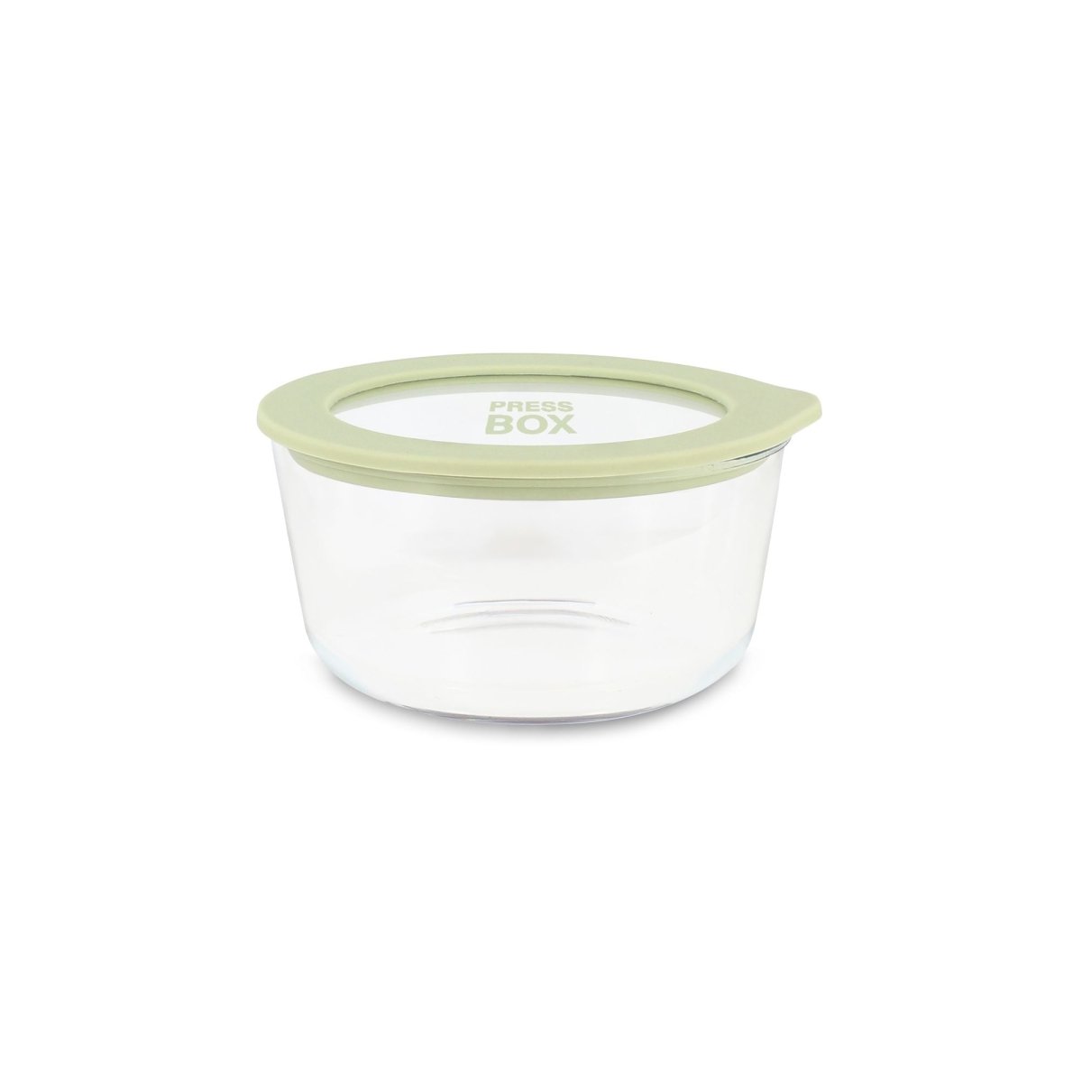 Boîte hermétique ronde Pressbox 470ml Menastyl en verre transparent avec couvercle vert pastel, vue de face