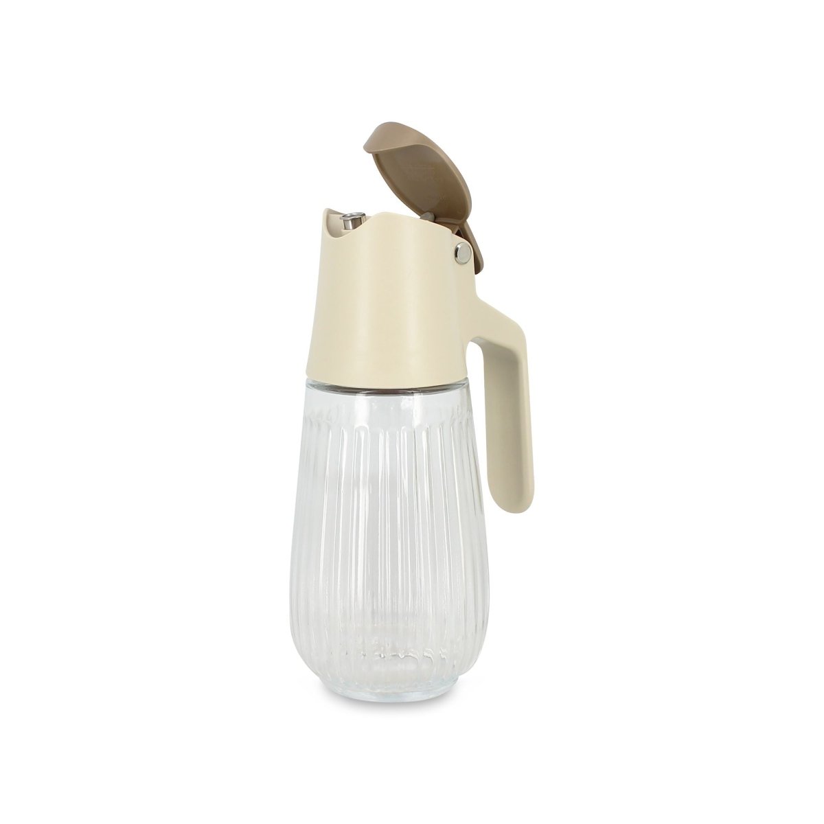 Bouteille d'huile Menastyl en verre transparent avec bec verseur et poignée crème, couvercle ouvert