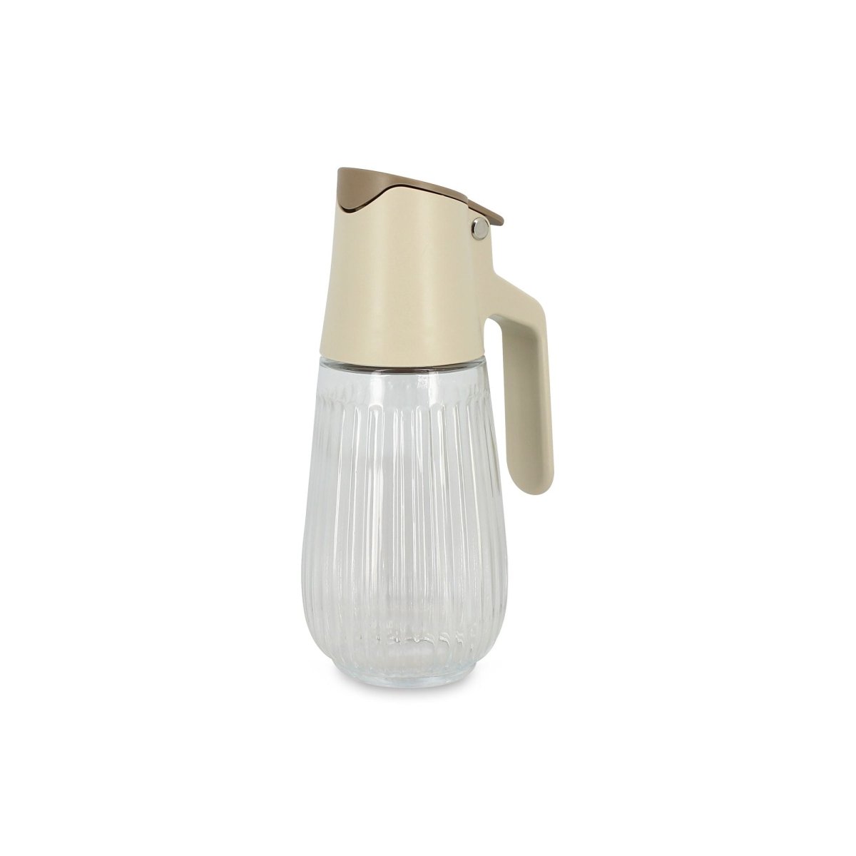 Bouteille d'huile en verre transparent avec bec verseur et poignée polypropylène crème, vue de face