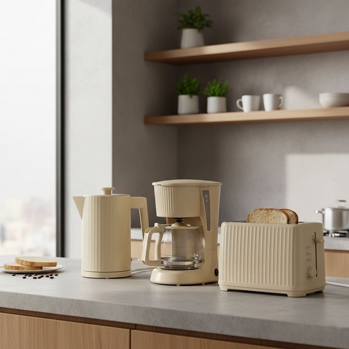 Cafetière 12 tasses crème striée avec bouilloire et grille-pain assortis sur plan de travail moderne