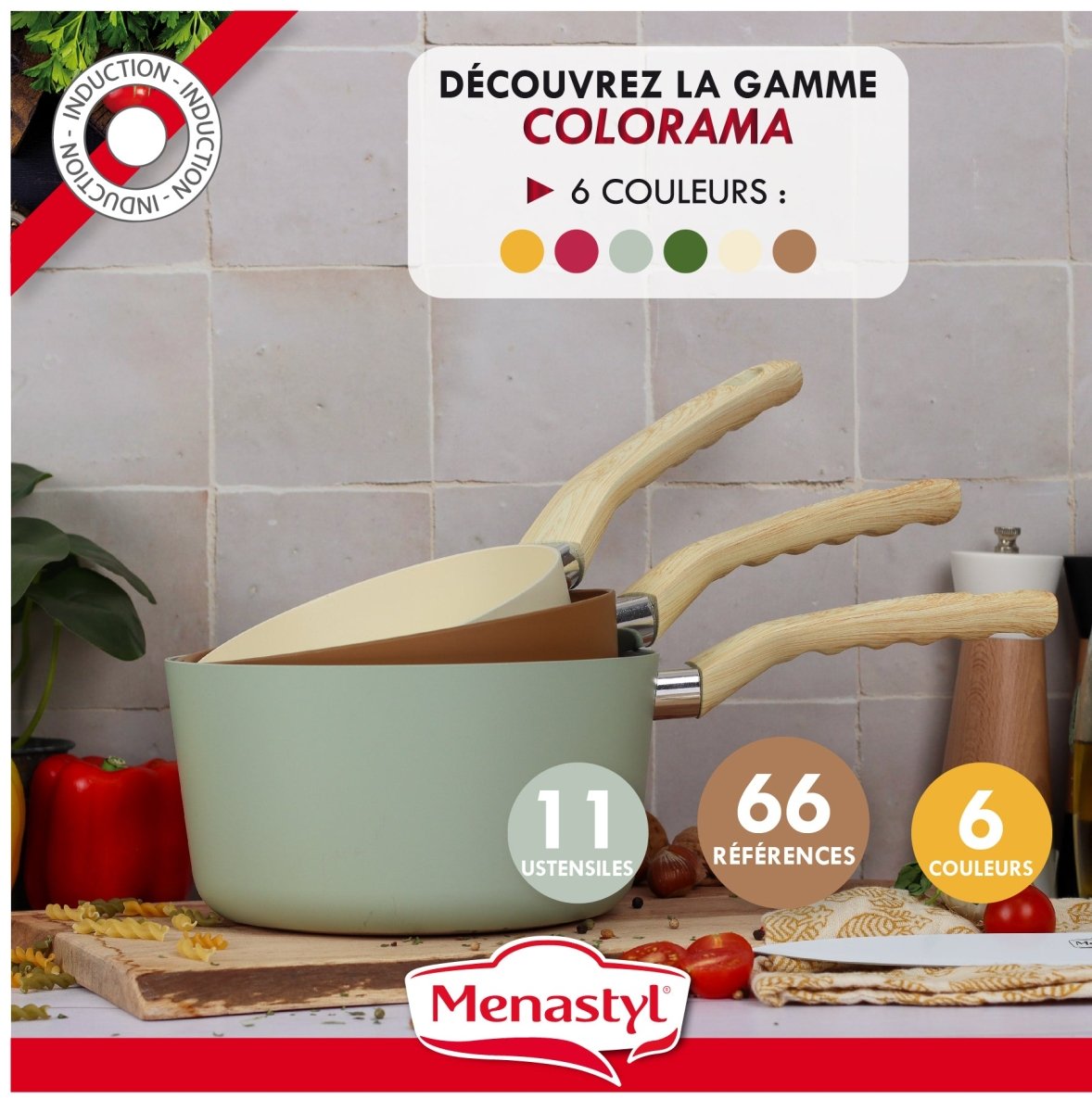 Casserole Colorama 16 cm vert pastel avec manche bois, mise en scène cuisine sur plan de travail