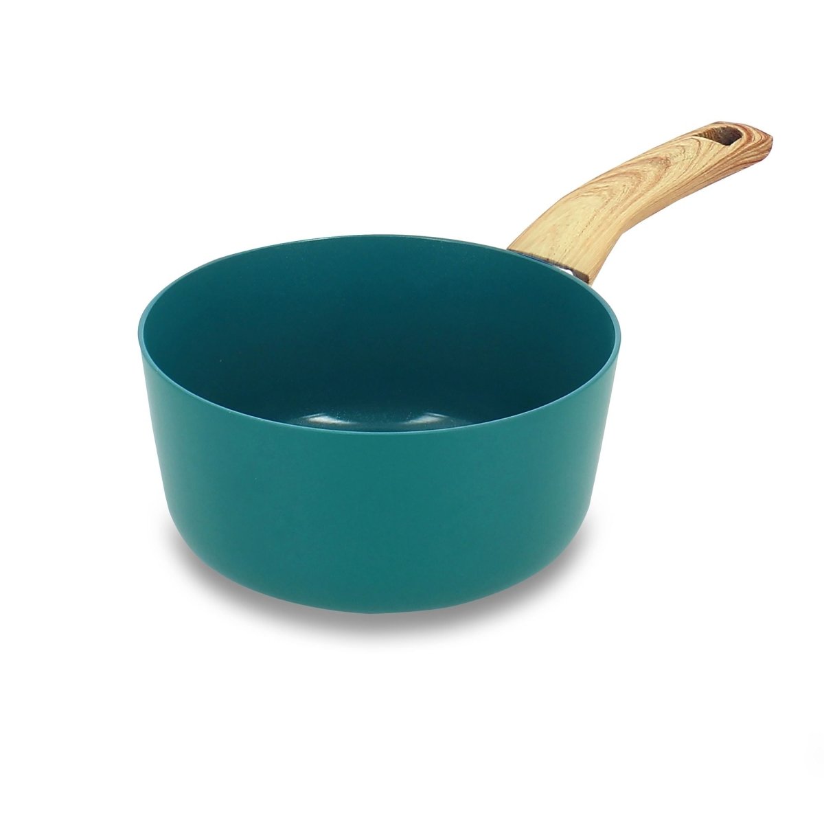 Casserole Colorama 16 cm teal avec manche bois, vue de trois-quarts sur fond blanc