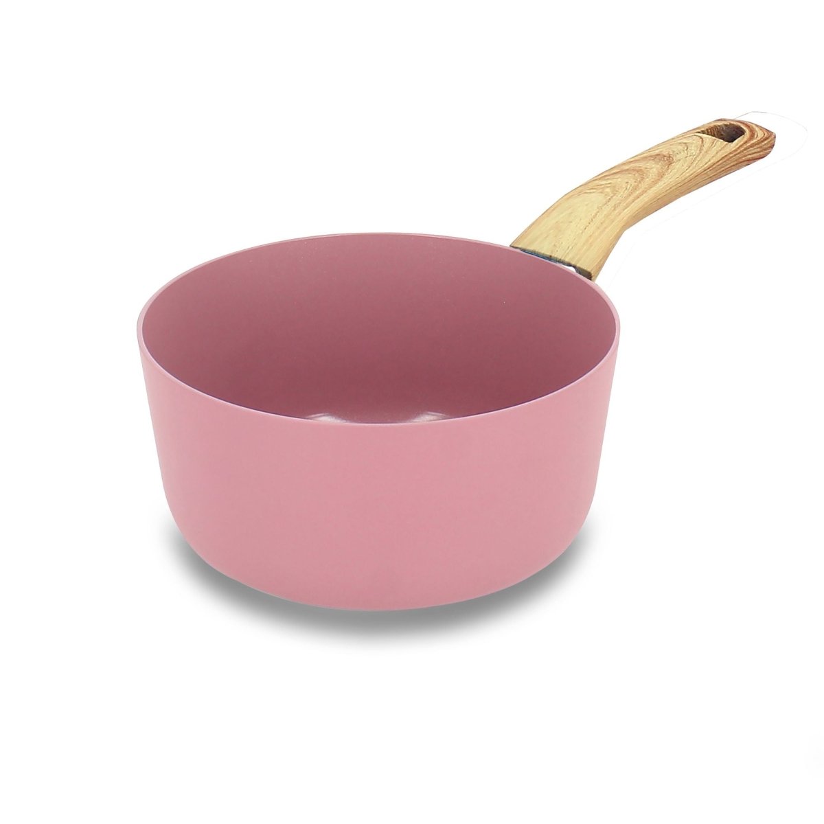 Casserole Colorama 16 cm rose avec manche en bois, vue de trois-quarts sur fond blanc