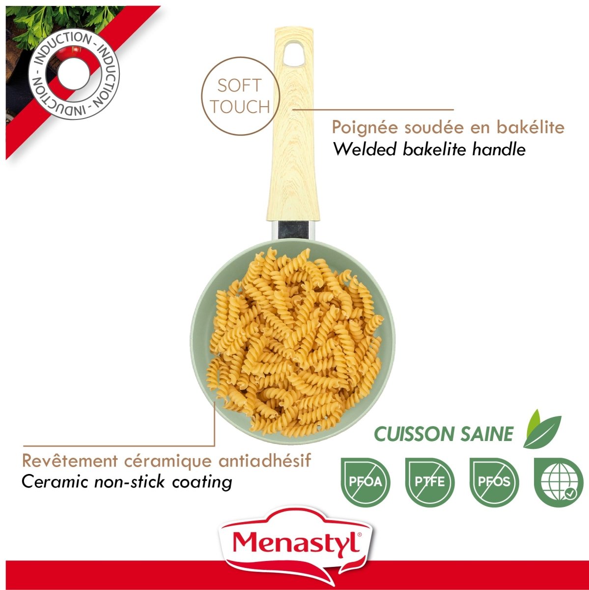 Casserole Colorama 16 cm en aluminium vert avec poignée bakélite et revêtement céramique antiadhésif, garnie de pâtes