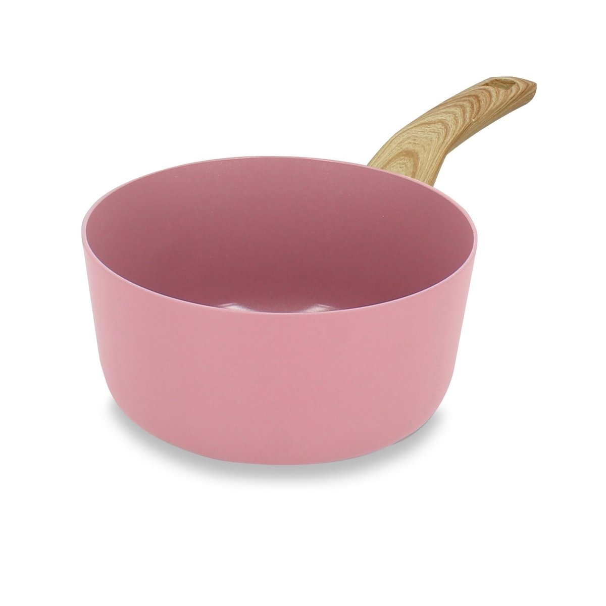 Casserole Colorama 18 cm rose avec manche bois, vue de trois quarts sur fond blanc