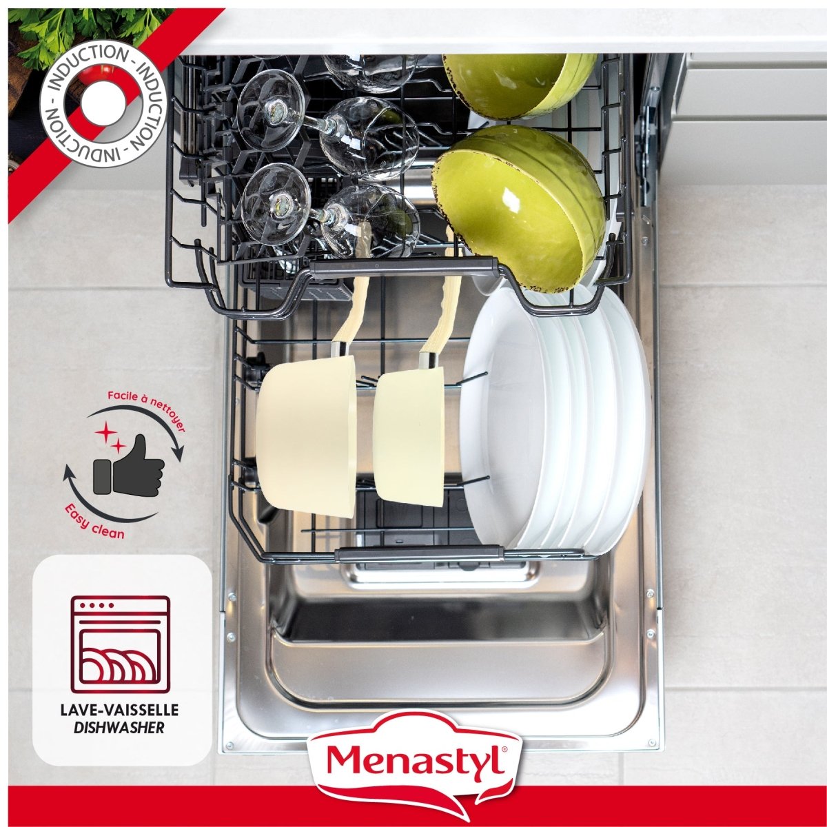 Casserole Colorama jaune 18cm dans lave-vaisselle ouvert, compatible induction, facile à nettoyer