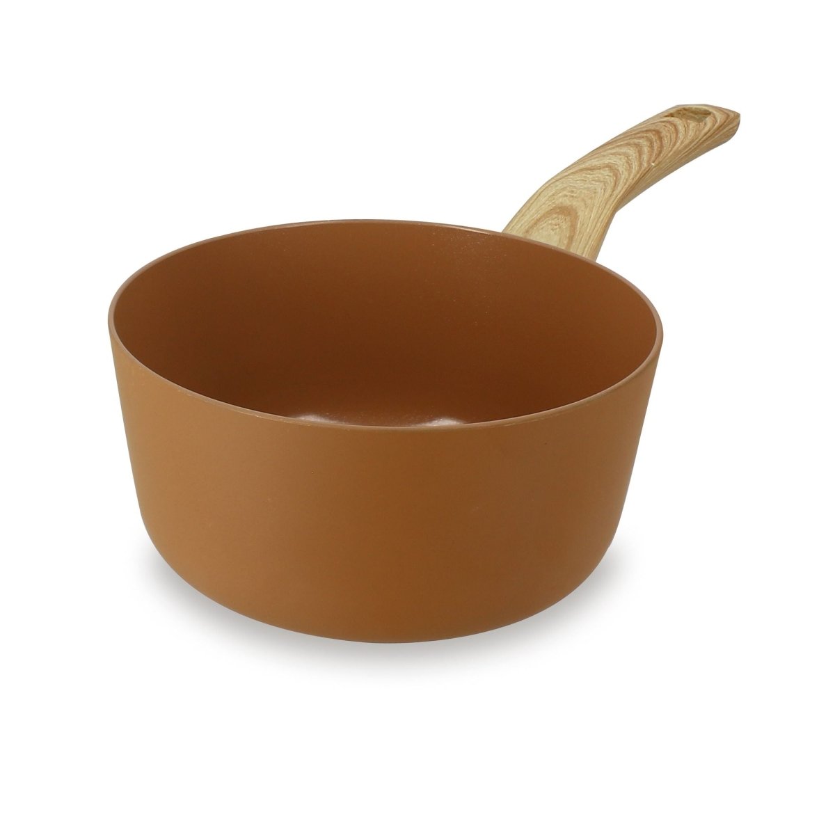 Casserole Colorama 18 cm couleur caramel avec manche effet bois, vue trois quarts sur fond blanc