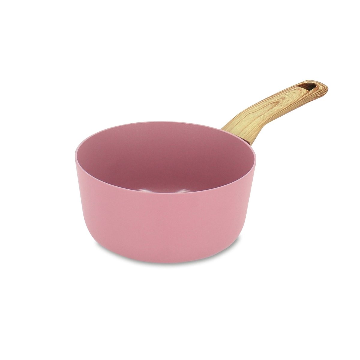 Casserole Colorama 18 cm rose avec manche bois, vue de trois quarts sur fond blanc