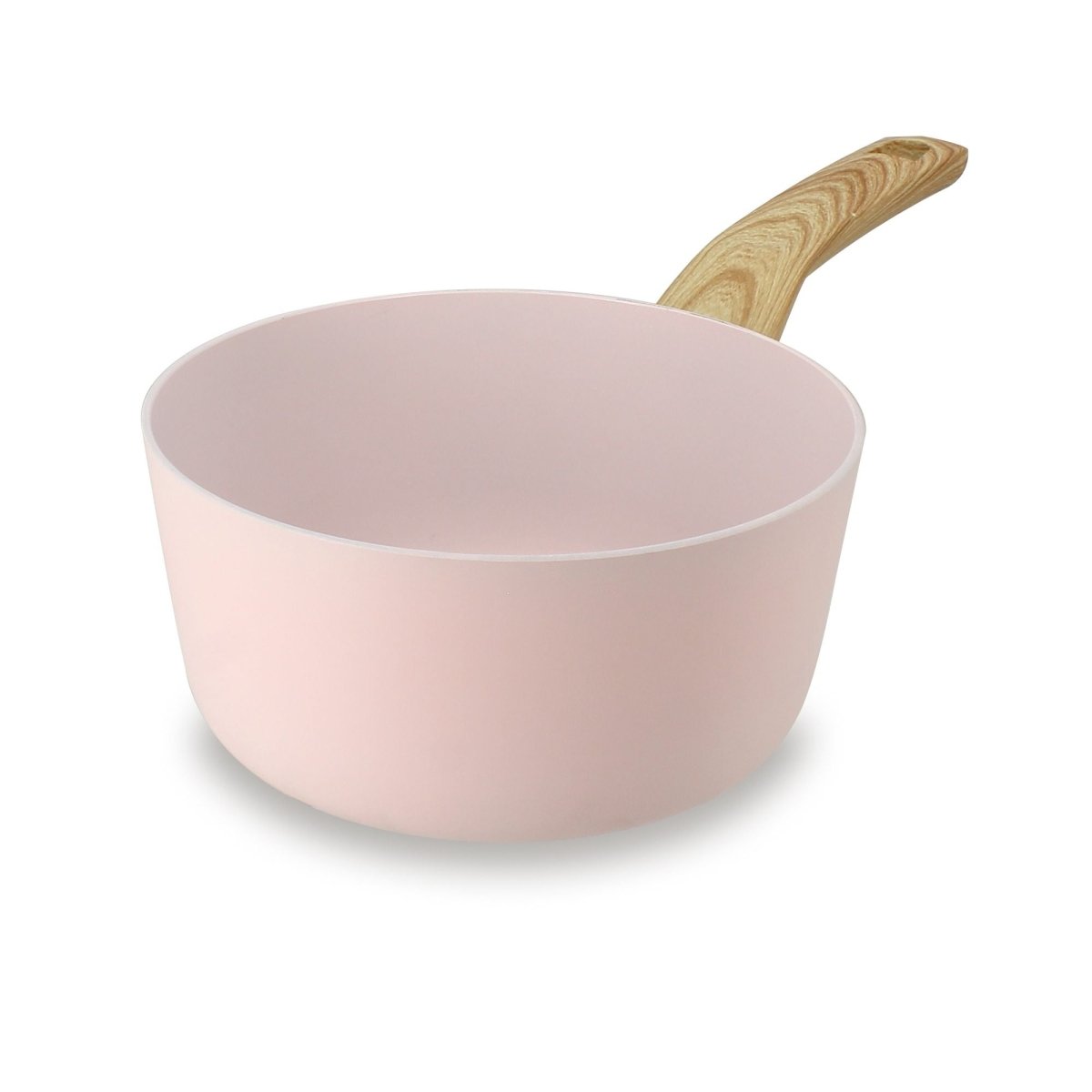 Casserole Colorama 18 cm rose pastel avec manche effet bois, vue en perspective sur fond blanc