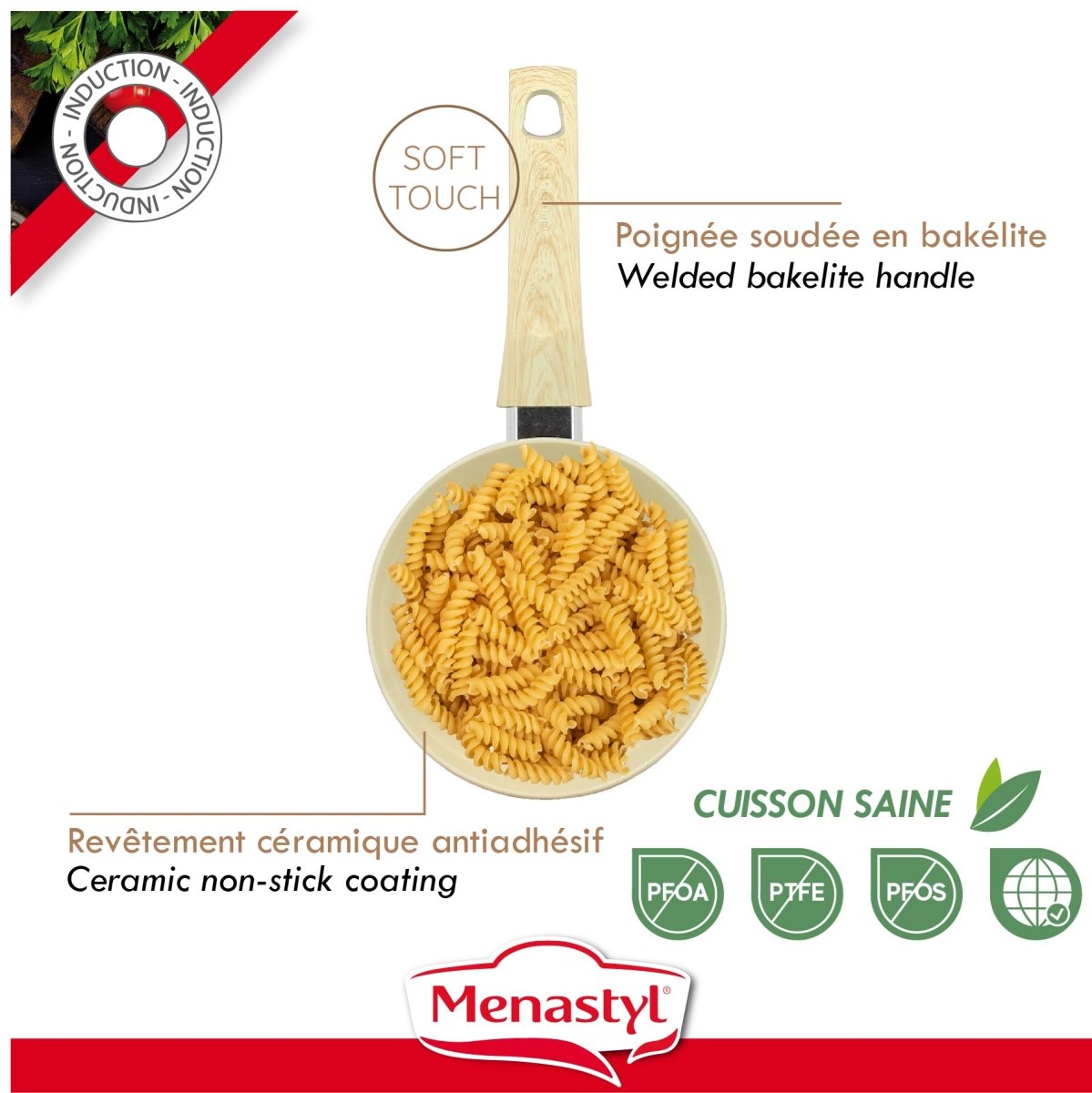 Casserole Colorama 20 cm avec poignée bakélite beige et revêtement céramique antiadhésif, remplie de pâtes fusilli