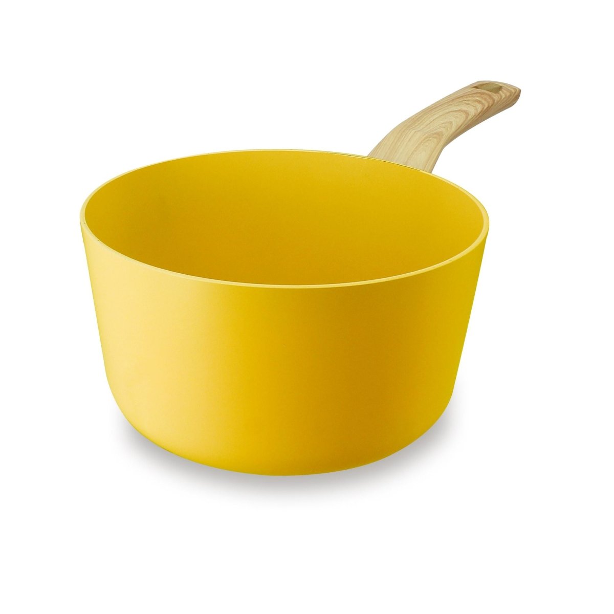 Casserole Colorama 20 cm jaune en aluminium avec manche bois, vue de trois-quarts sur fond blanc