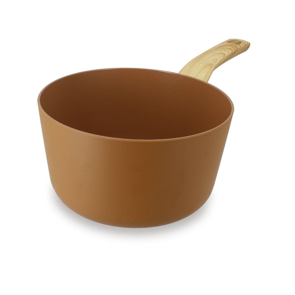 Casserole Colorama 20 cm couleur caramel avec manche imitation bois, vue de trois-quarts sur fond blanc