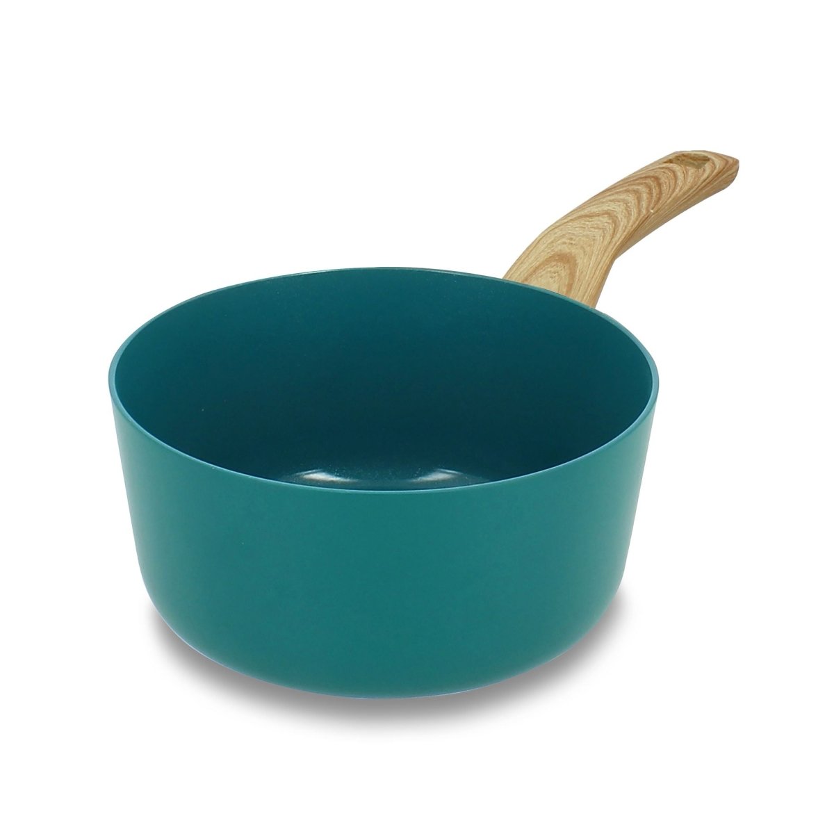 Casserole Colorama 20 cm en aluminium turquoise avec manche bois, vue intérieure en contre-plongée