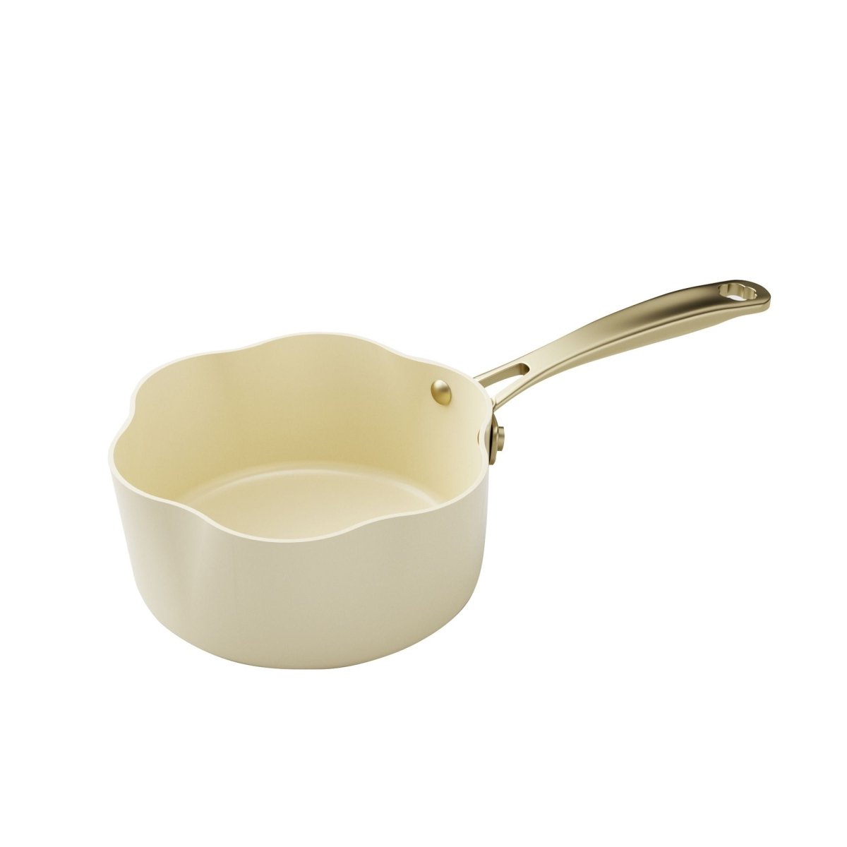 Casserole Dahlia 18 cm beige en aluminium recyclé Menastyl avec poignée dorée, vue trois-quarts
