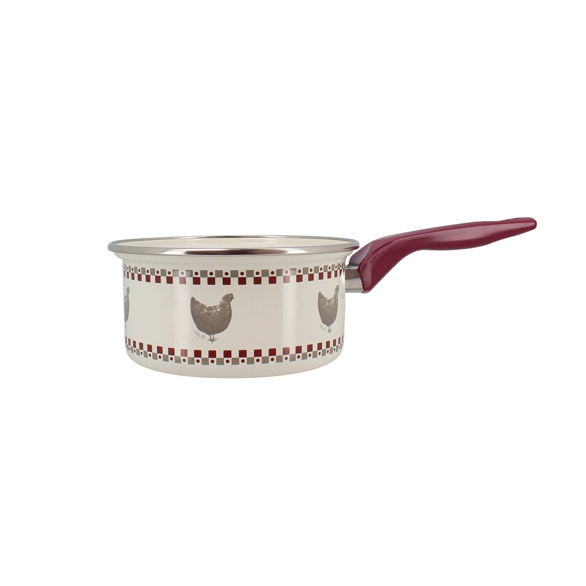 Casserole Gallina 16cm en acier émaillé motif poules, manche bordeaux, vue de profil Menastyl
