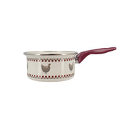 Casserole Gallina 16cm en acier émaillé motif poules, manche bordeaux, vue de profil Menastyl