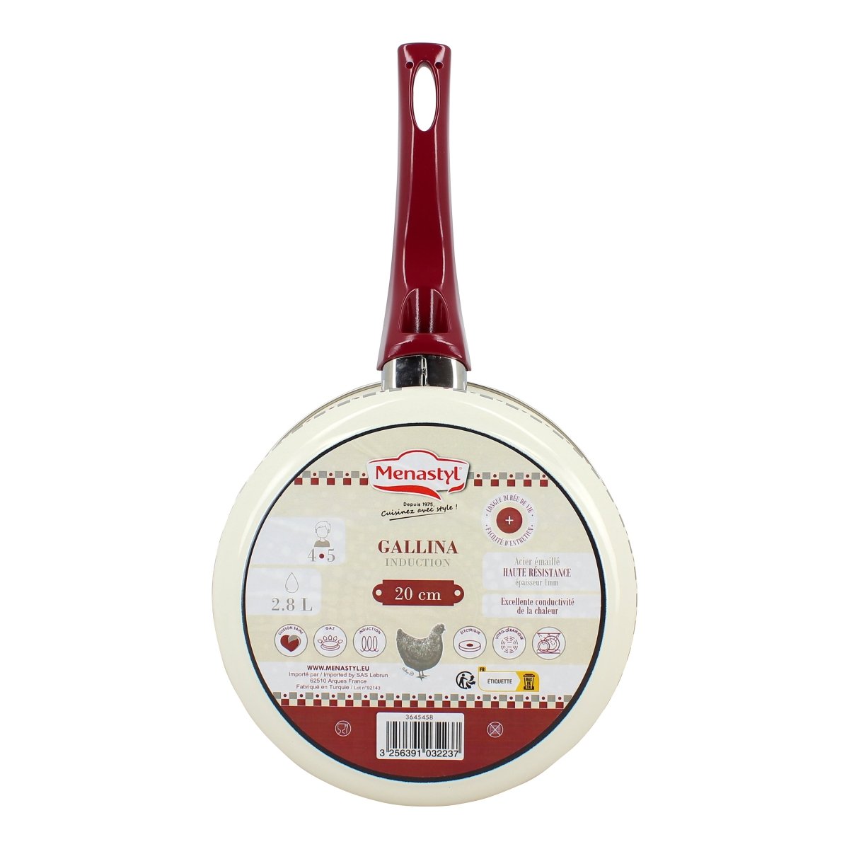 Vue de dessous casserole Gallina 20cm en acier émaillé crème, manche rouge bordeaux avec œillet de suspension