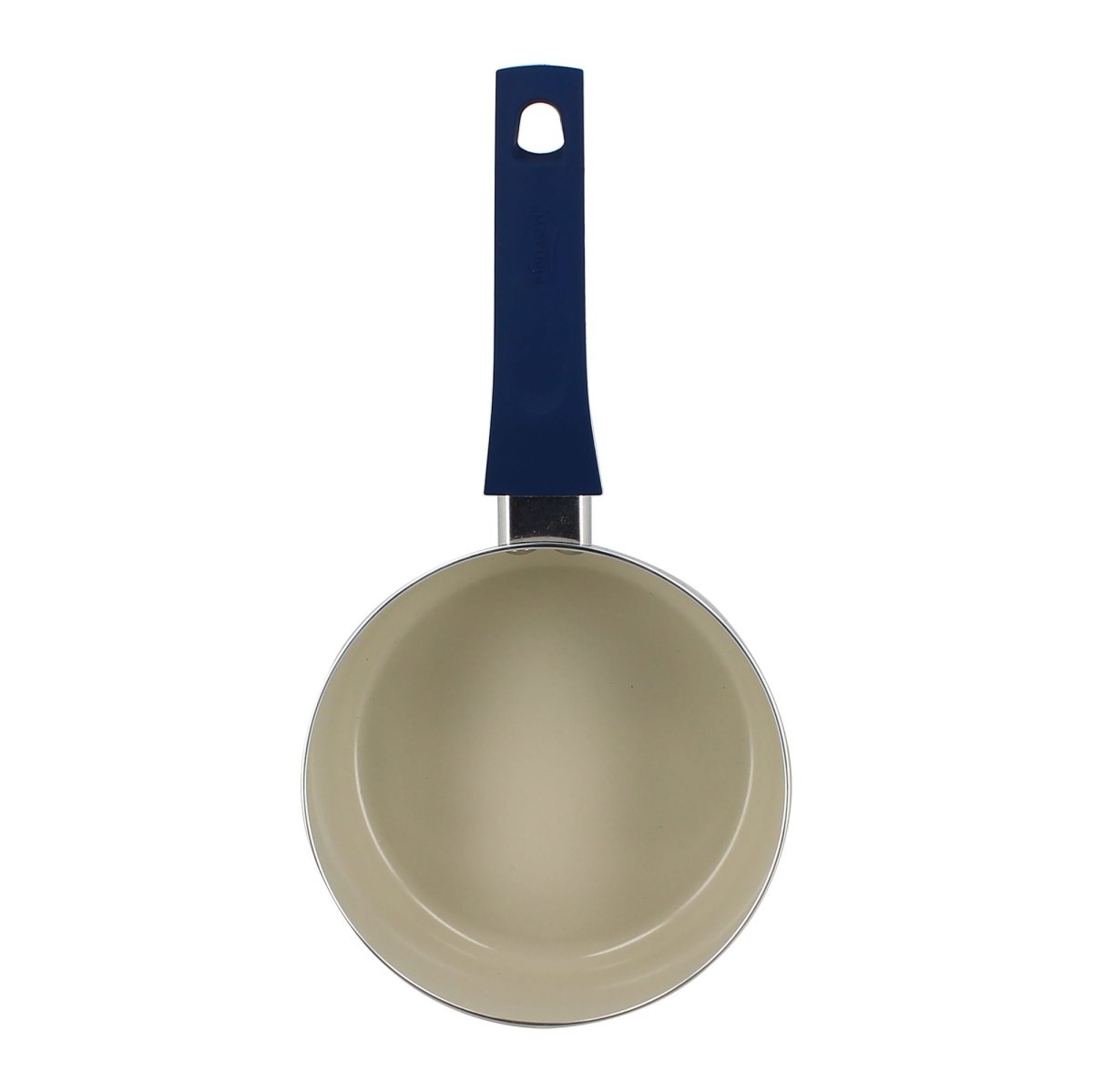 Casserole Ginette 18cm en aluminium recyclé, vue de dessus, intérieur beige antiadhésif, manche bleu marine