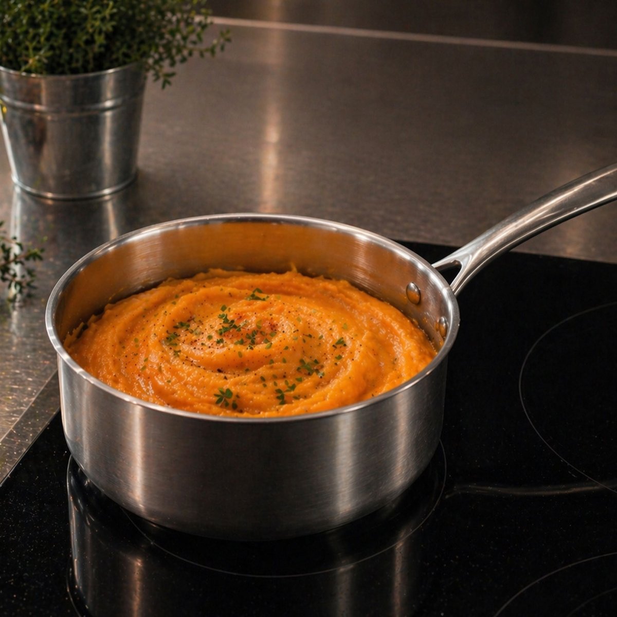 Casserole Triply 20cm avec purée de patate douce, posée sur plaque à induction, vue de trois-quarts