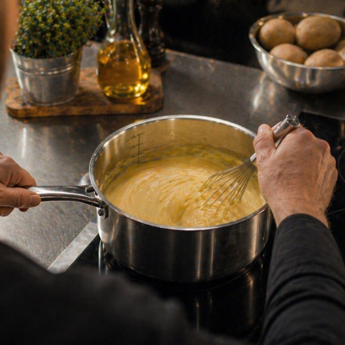 Cuisson d'une sauce onctueuse dans une casserole inox Triply, fouet en action sur cuisinière