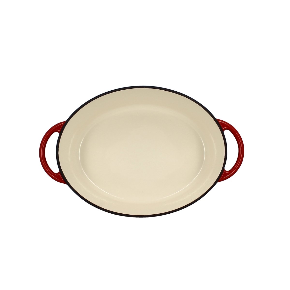 Vue intérieure cocotte Colette ovale 4 litres en fonte émaillée crème avec anses rouges