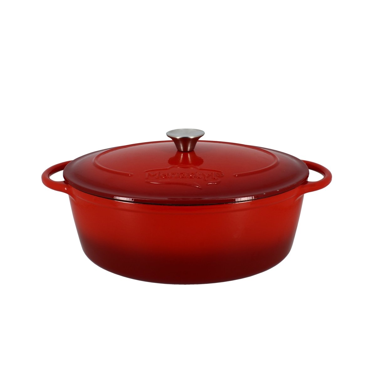 Cocotte ovale Colette 4 litres en fonte émaillée rouge avec couvercle Menastyl, vue de face sur fond blanc