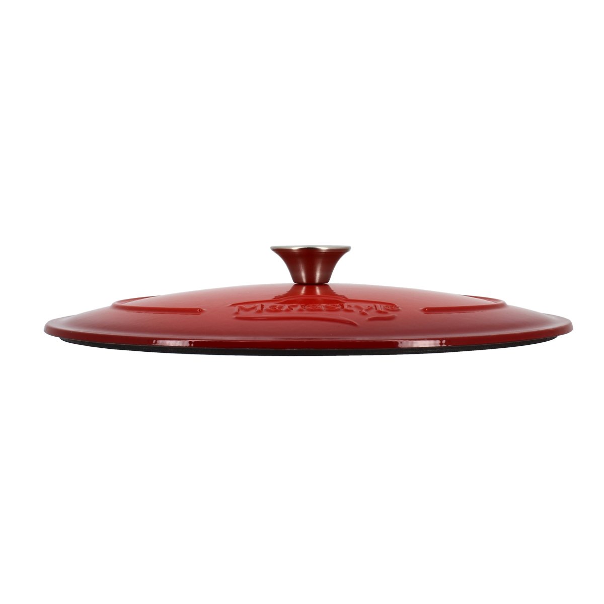 Couvercle cocotte fonte rouge Colette 4 litres, vue de profil avec bouton central et inscription