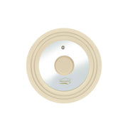 Couvercle universel multitaille Menastyl en verre trempé et silicone beige, vue de dessus sur fond blanc