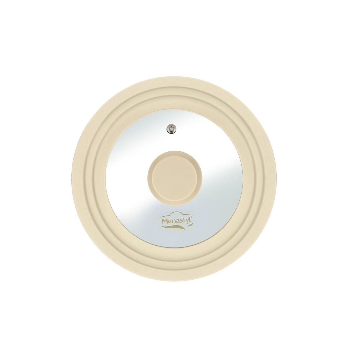 Couvercle universel multitaille Menastyl en verre trempé et silicone beige, vue de dessus sur fond blanc