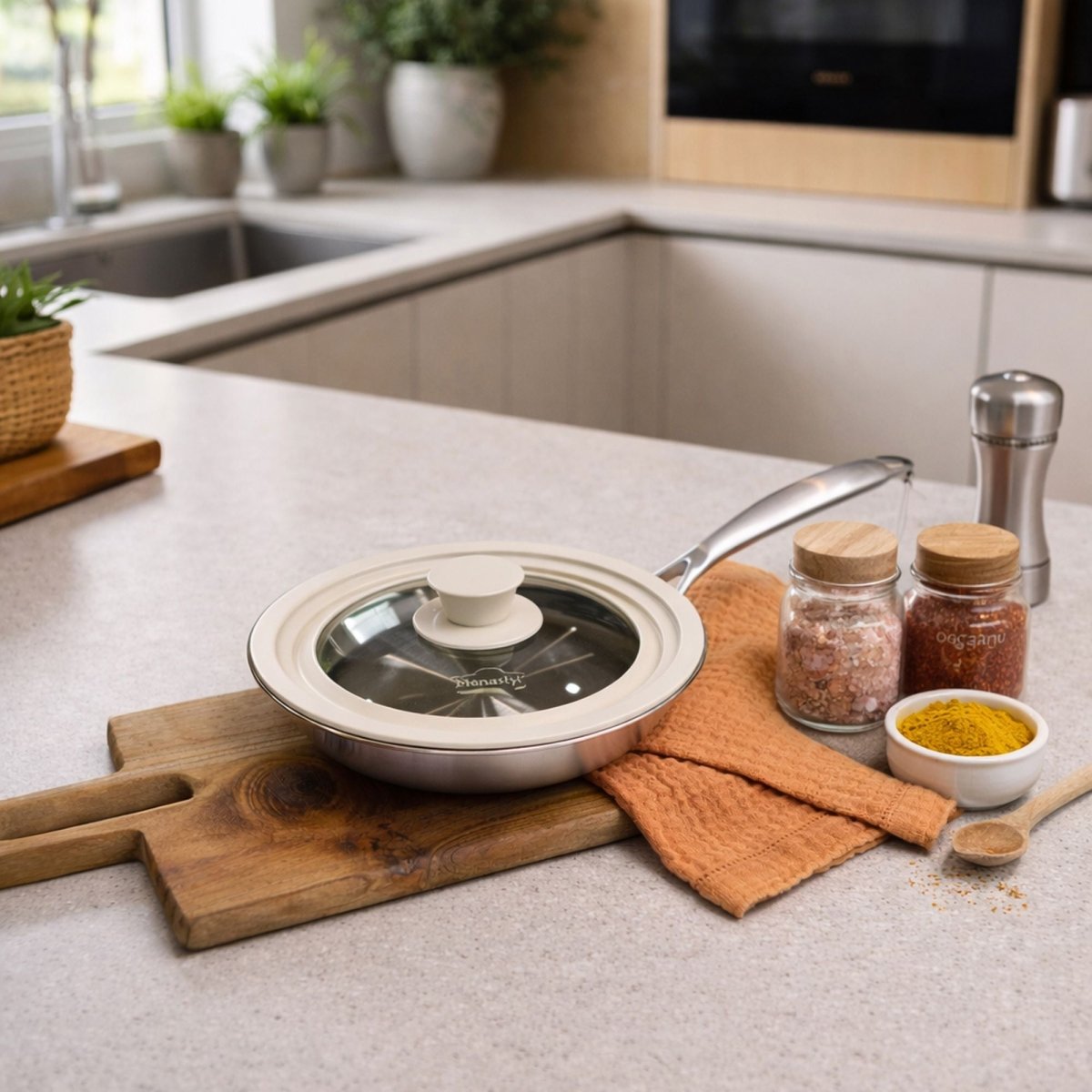 Couvercle universel en verre trempé avec bordure silicone blanche posé sur planche en bois avec épices et ustensiles de cuisine