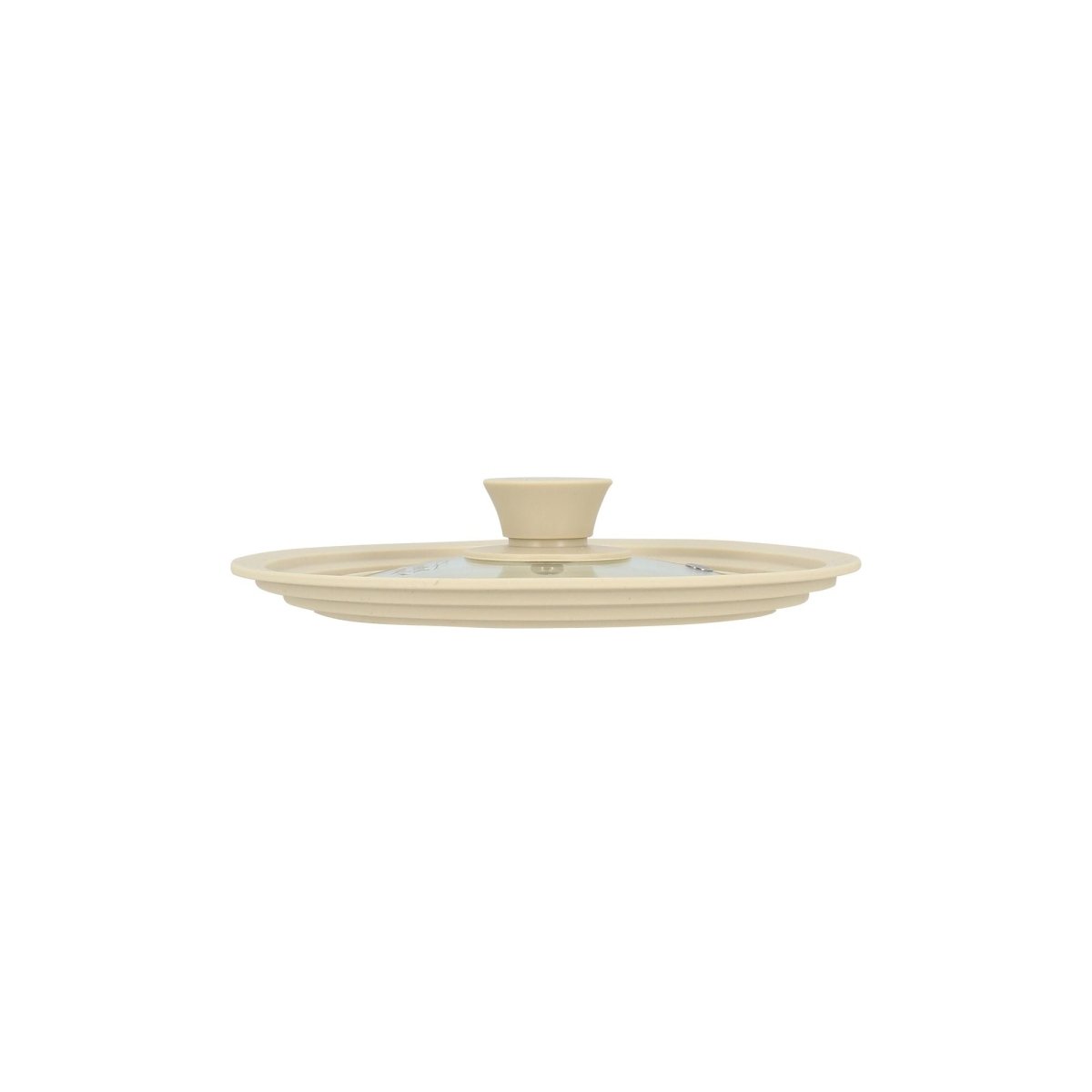 Couvercle universel multitaille en verre trempé beige avec bouton central, vue de profil sur fond blanc