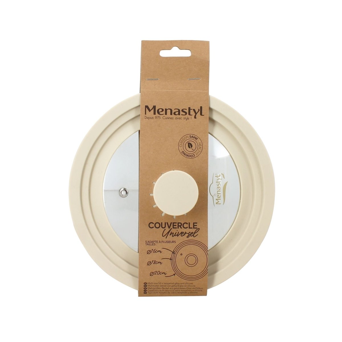Couvercle universel multitaille en verre trempé et silicone beige, packaging carton avec étiquette produit visible