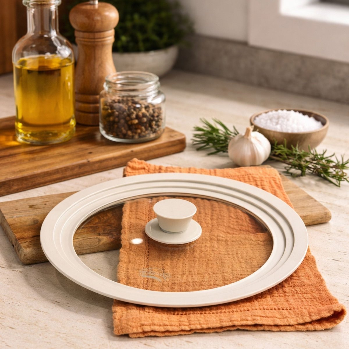 Couvercle universel en verre trempé posé sur planche bois, ingrédients cuisine et huile d'olive en arrière-plan
