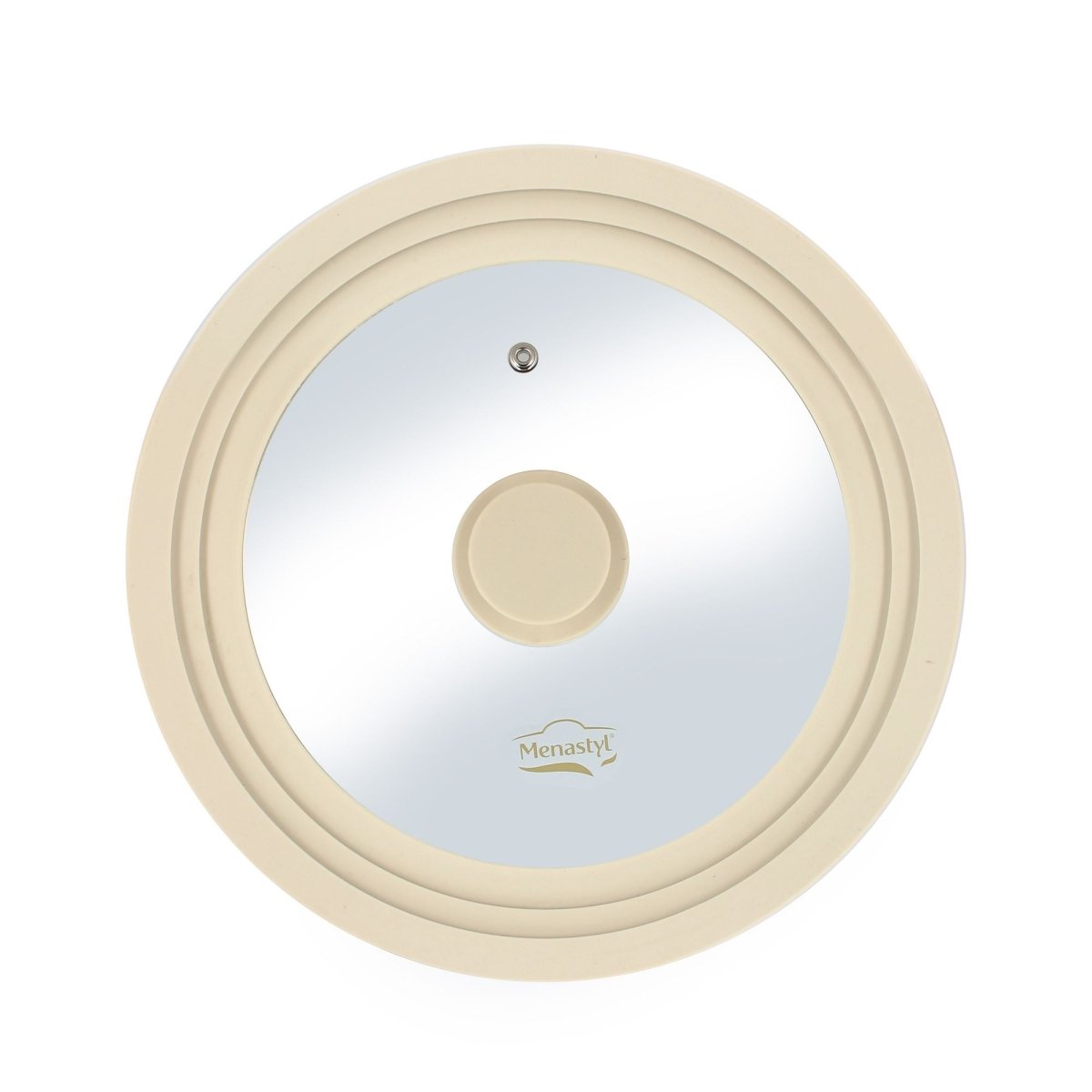 Couvercle universel multitaille Menastyl en verre trempé et silicone beige, vue de dessus sur fond blanc