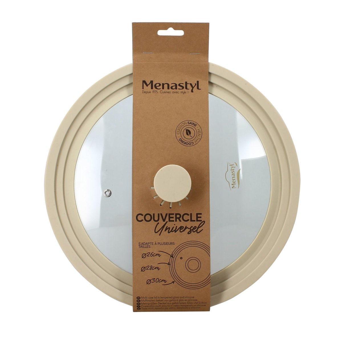 Couvercle universel multitaille en verre trempé avec bordure silicone beige, packaging kraft visible
