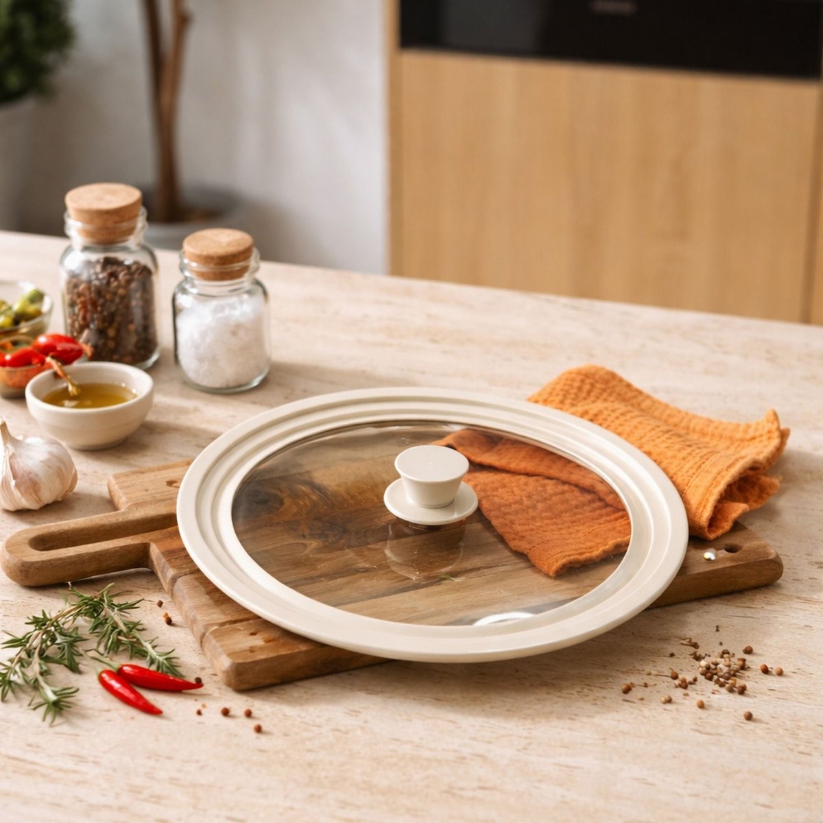 Couvercle universel en verre trempé avec bordure silicone beige posé sur planche bois avec ustensiles de cuisine