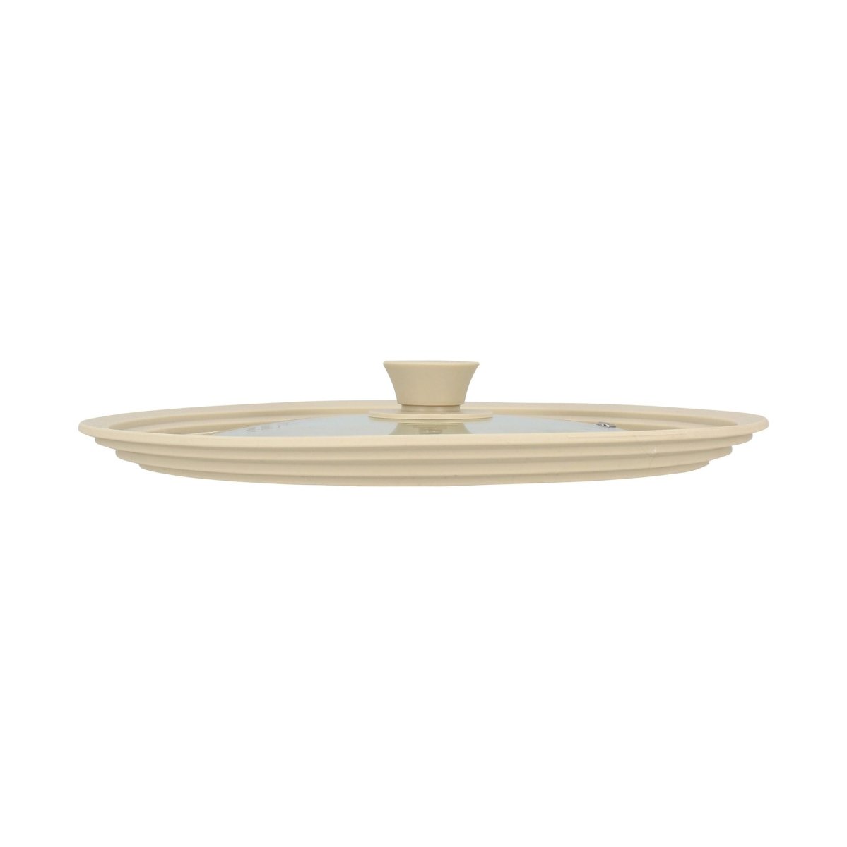 Couvercle universel en verre trempé beige avec anneau de préhension, vue de profil sur fond blanc