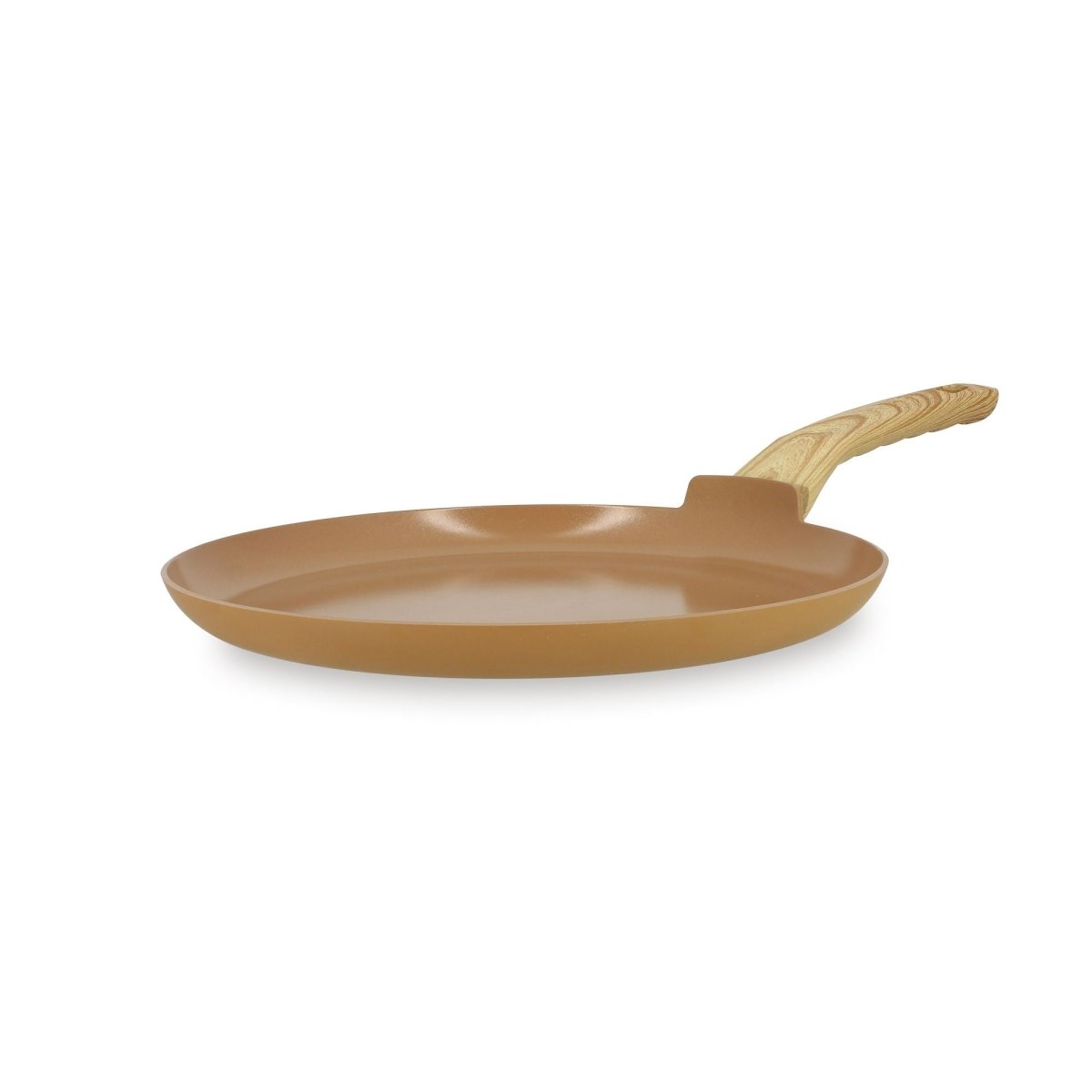 Crêpière Colorama 26 cm en aluminium beige avec manche en bois, vue de profil sur fond blanc