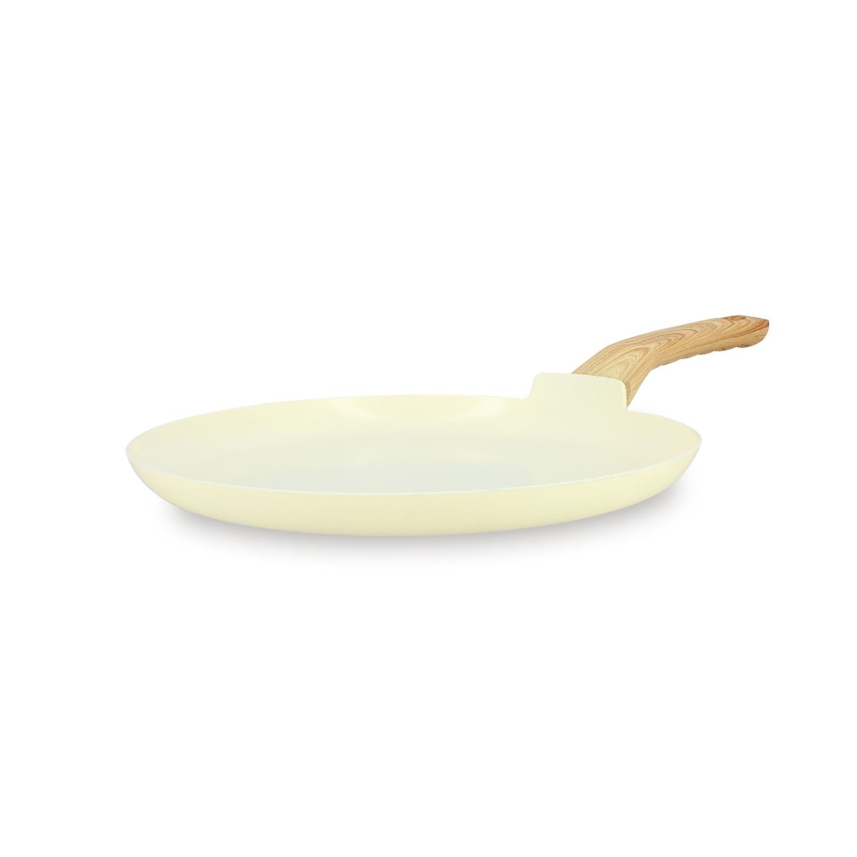 Crêpière Colorama 26 cm ivoire avec manche bois, vue de trois-quarts sur fond blanc