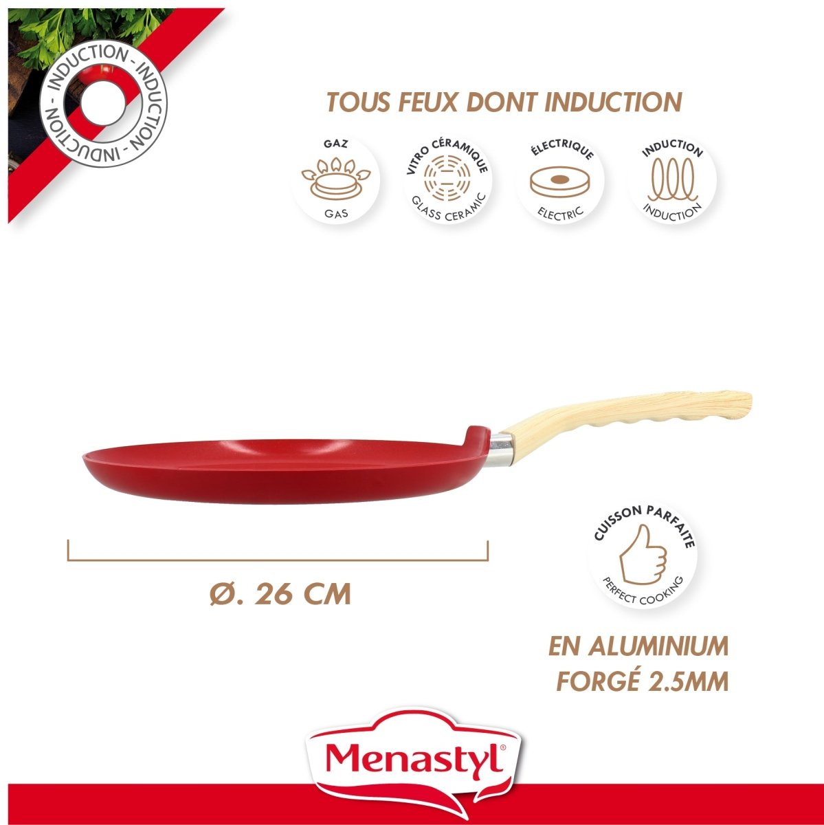 Crêpière Colorama 26 cm rouge en aluminium forgé avec manche bois, compatible tous feux dont induction