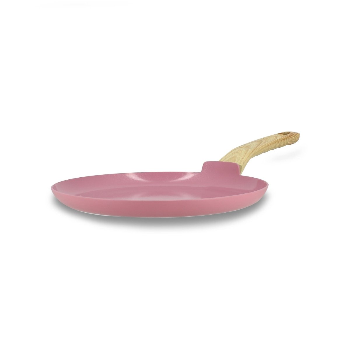 Crêpière Colorama 26 cm rose en aluminium avec manche bois, vue de profil sur fond blanc