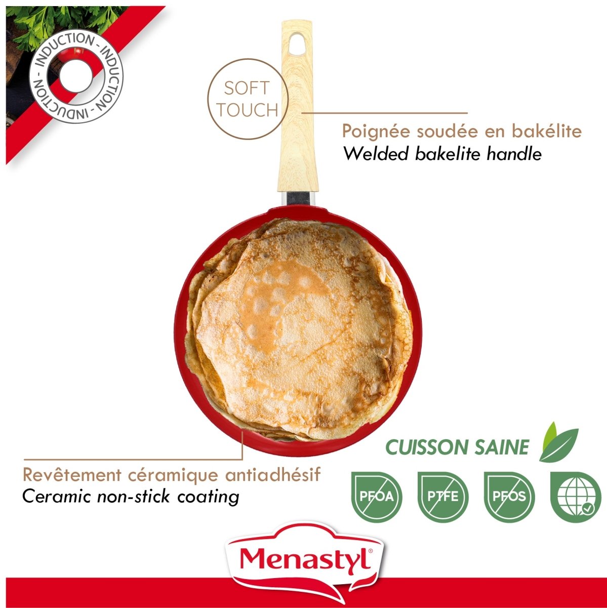 Crêpière Colorama 26 cm rouge avec crêpe, poignée bakélite bois, revêtement céramique antiadhésif compatible induction