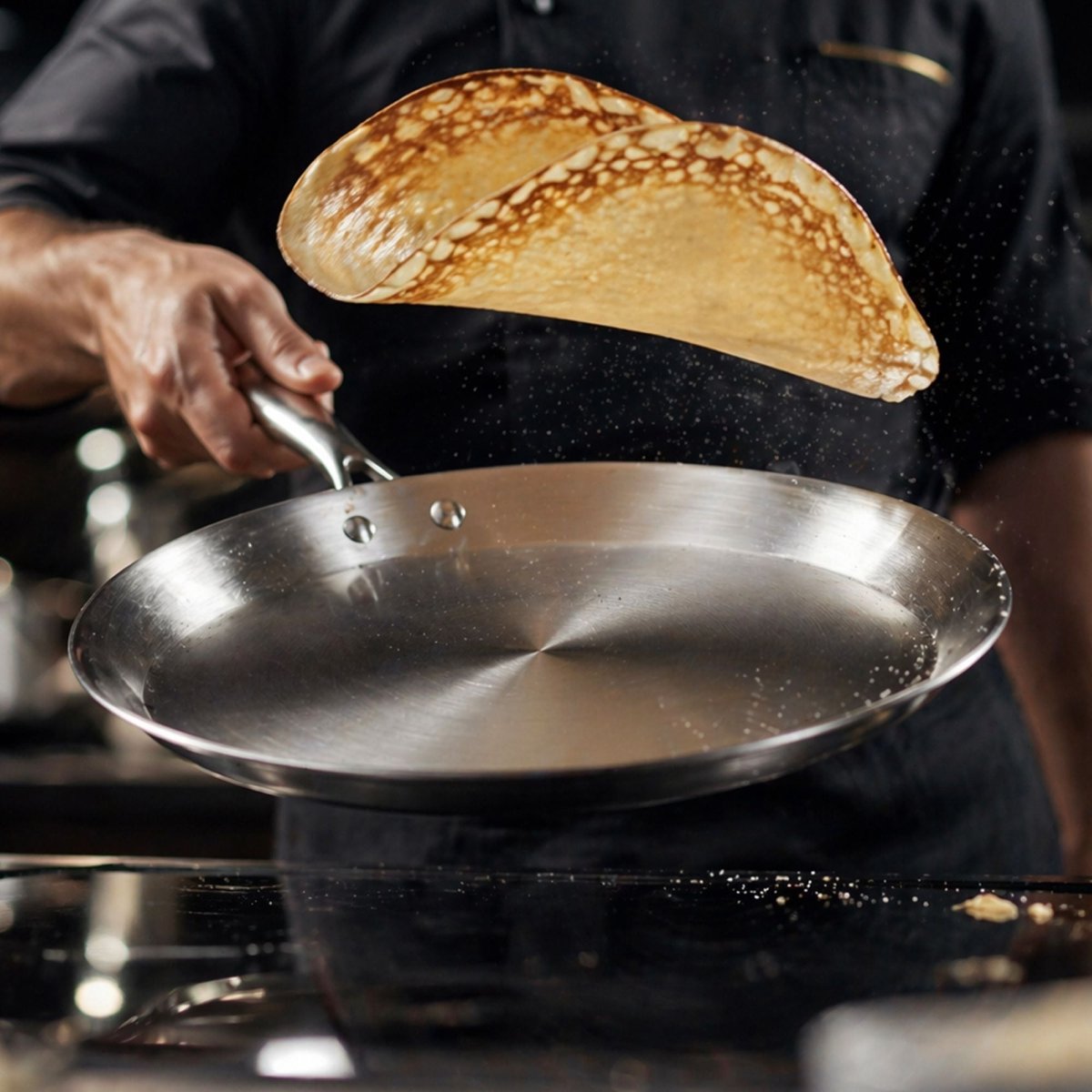 Crêpe dorée sautée dans une crêpière Triply en acier inoxydable de 28cm en action